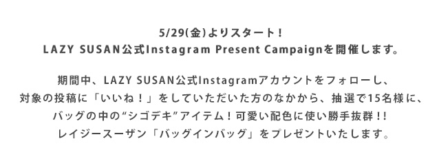 5/29(金)よりスタート! LAZY SUSAN公式Instagram Present Campaignを開催します。抽選で15名様に、バッグの中の“シゴデキ”アイテム!可愛い配色に使い勝手抜群!!レイジースーザン「バッグインバッグ」をプレゼントいたします。